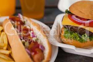 Close-up of hot dog and hamburger