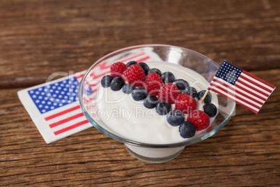 Close-up of fruit ice cream decorated with 4th july theme