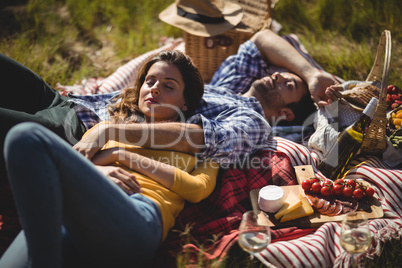 Young couple relaxing on picnic blanket at olive farm