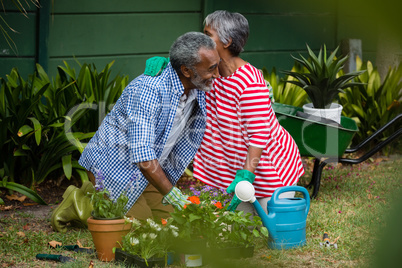 Happy senior couple embracing while kneeling in backyard