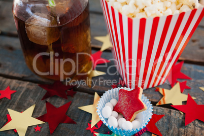 Popcorn, confectionery and drink with 4th july theme