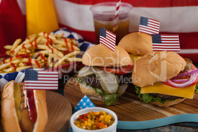Hot dog and hamburgers decorated with 4th july theme
