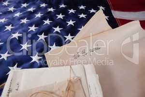 Legal documents arranged on American flag