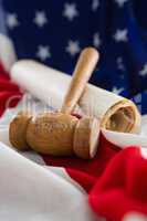 Gavel and legal documents arranged on American flag