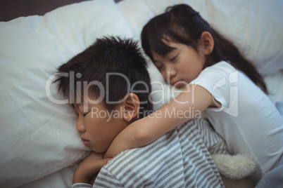 Siblings sleeping on bed in the bed room