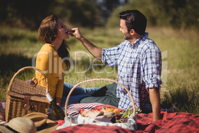 Man feeding girlfriend while sitting on picnic blanket