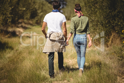 Rear view of couple walking at olive farm