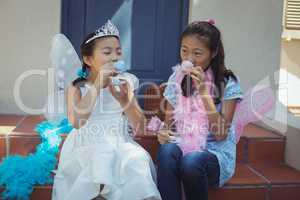 Siblings in fairy costume having a tea party