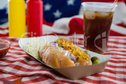 Hot dog served on table cloth