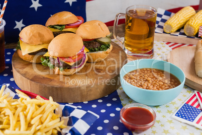 Hot dogs on wooden table with 4th july theme