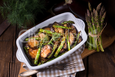 Baked eggplant with green asparagus