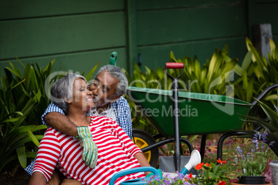 Senior man kissing smiling woman in backyard