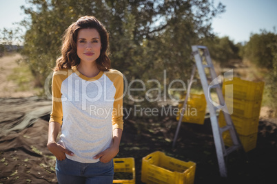 Young woman standing at olive farm on sunny day