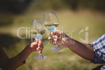 Cropped image of couple toasting wineglasses