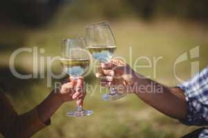 Cropped image of couple toasting wineglasses
