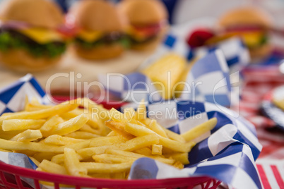 Close-up of french fries in basket