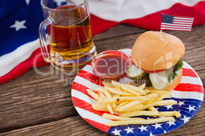 Burger on wooden table with 4th july theme