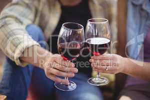 Mid section of man and woman toasting wineglasses