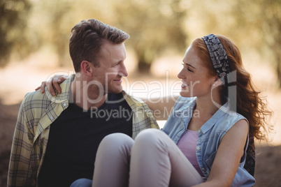 Smiling young couple sitting on field at olive farm