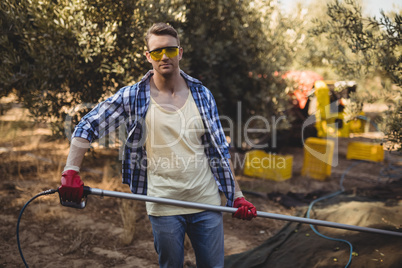 Confident young man using rake at olive farm
