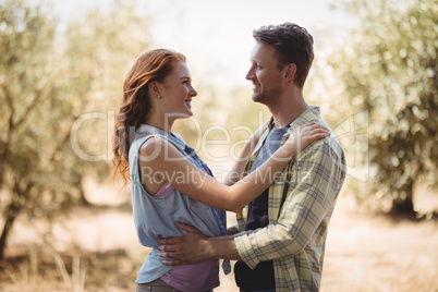Happy young couple looking at each other while standing at olive farm