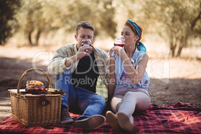 Young couple drinking red wine while sitting at farm