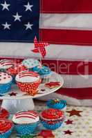 Close-up of decorated cupcakes with 4th july theme