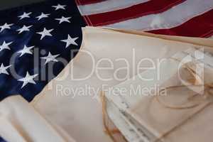 Legal documents arranged on American flag