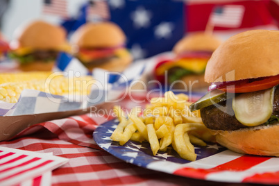 Hamburger and french fries on plate