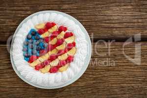 Fruitcake served in plate on wooden table