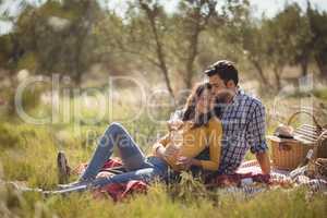 Young couple holding wineglasses while relaxing on picnic blanket