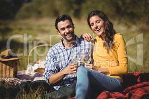 Portrait of happy couple holding wineglasses while sitting on picnic blanket