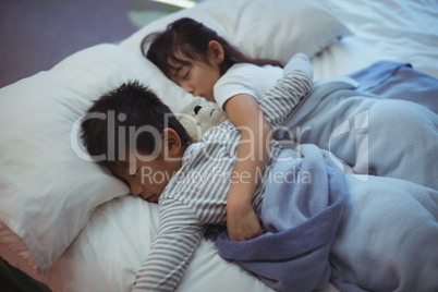 Siblings sleeping on bed in the bed room