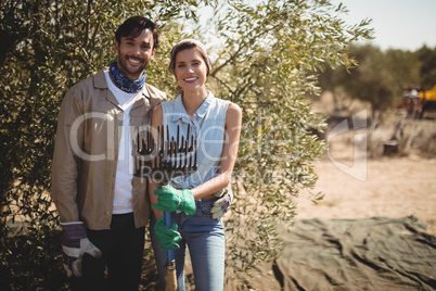 Smiling young couple holding rake at olive farm on sunny day