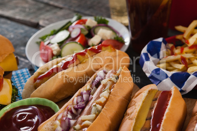 Close-up of hot dogs and ketchup