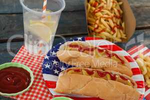 Hot dog served on plate with french fries