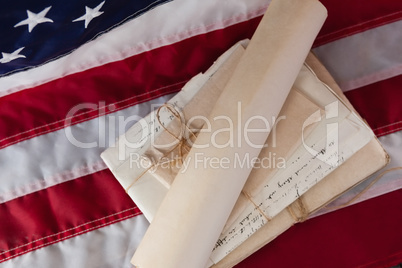 Legal documents arranged on American flag
