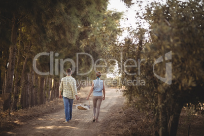 Couple carrying basket while walking on dirt road at farm