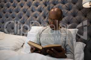 Senior man reading book while sitting in bedroom