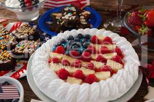 Fruitcake served in plate on wooden table