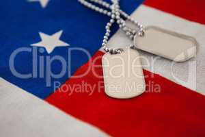 Close-up of dog tag on an American flag