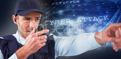 Composite image of security officer talking on walkie talkie while pointing away