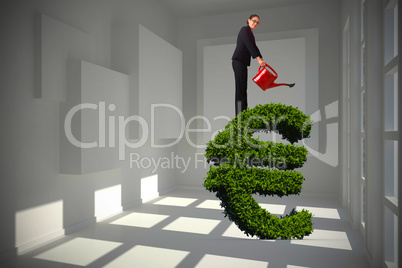 Composite image of businesswoman using red watering can