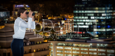 Composite image of side view of businesswoman looking through binoculars