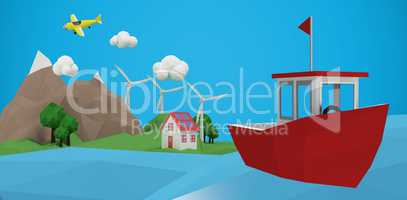 Composite image of red boat over white background