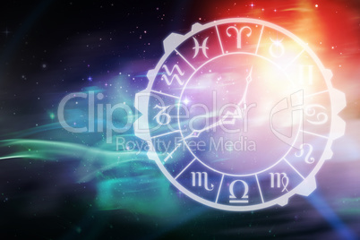 Composite image of digital image of clock with various zodiac signs