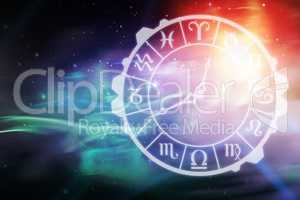 Composite image of digital image of clock with various zodiac signs