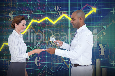 Composite image of businessman handing over money to businesswoman