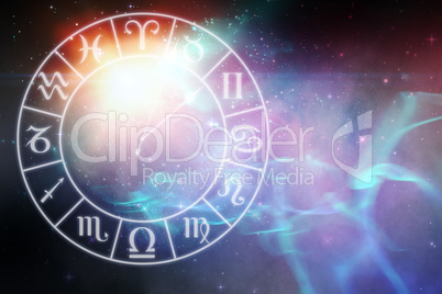 Composite image of digitally generated image of clock with various zodiac signs
