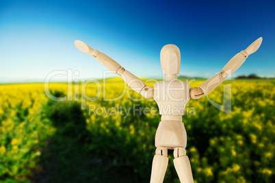 Composite image of 3d image of arms raised wooden figurine